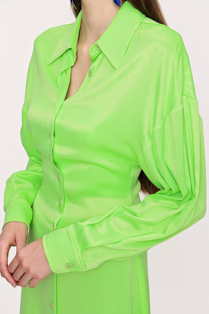 Asit Yeşil Bele Oturan Gömlek Elbise 93993