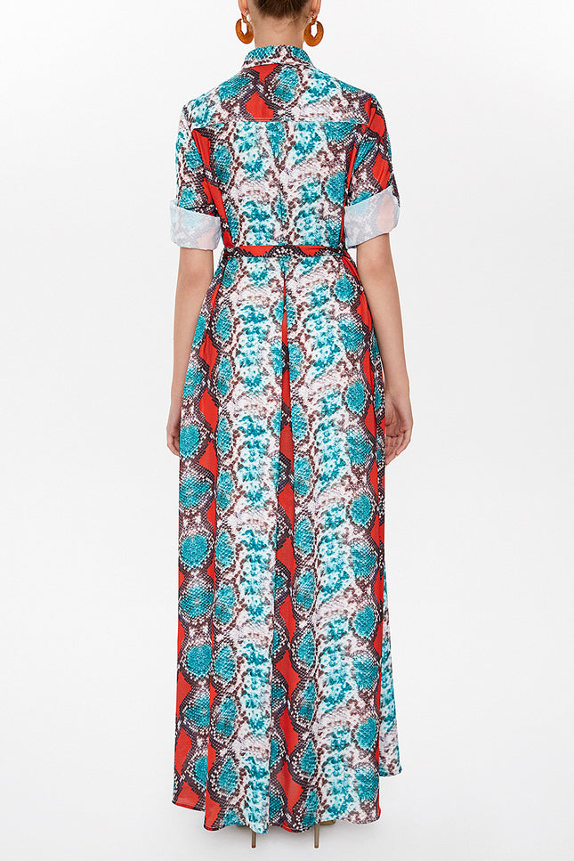 Red Printed belted maxi dress 92586