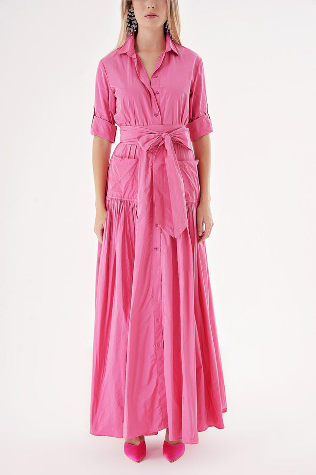 Pink Pleated maxi taffeta shirt dress 94198