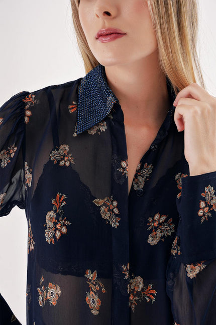 Navy Blue Shirt with stone detail on the collar 10842