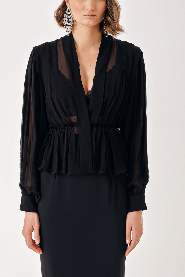 Black Double-breasted, draped loose chiffon shirt 10829