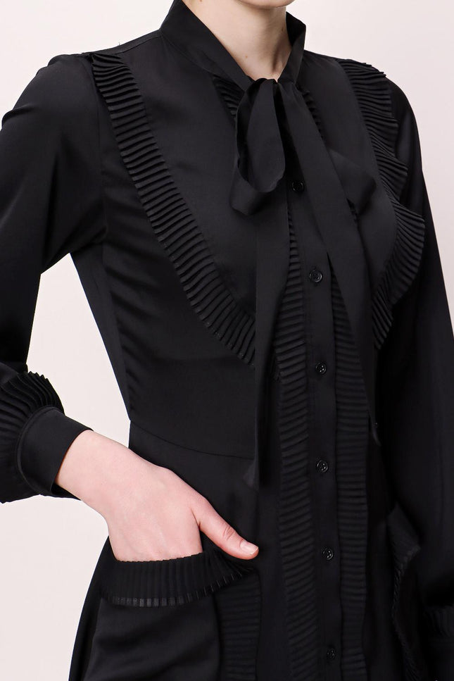 Siyah Pilise Detaylı Gömlek Elbise 94185
