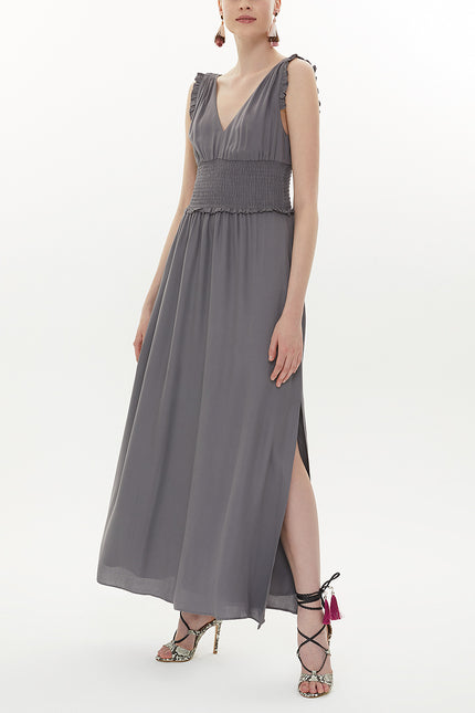 Gray Elastic waist V neck sleeveless maxi dress 93348