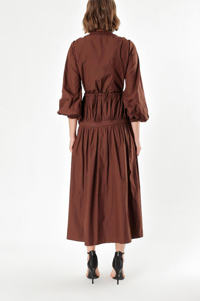 Brown Elastic waist pleated maxi dress 93842