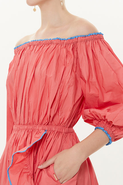 Light Red Balloon sleeve elastic shoulder Pleated skirt maxi dress 93398