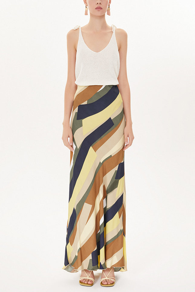Mustard Striped Elastic waist maxi skirt 81164
