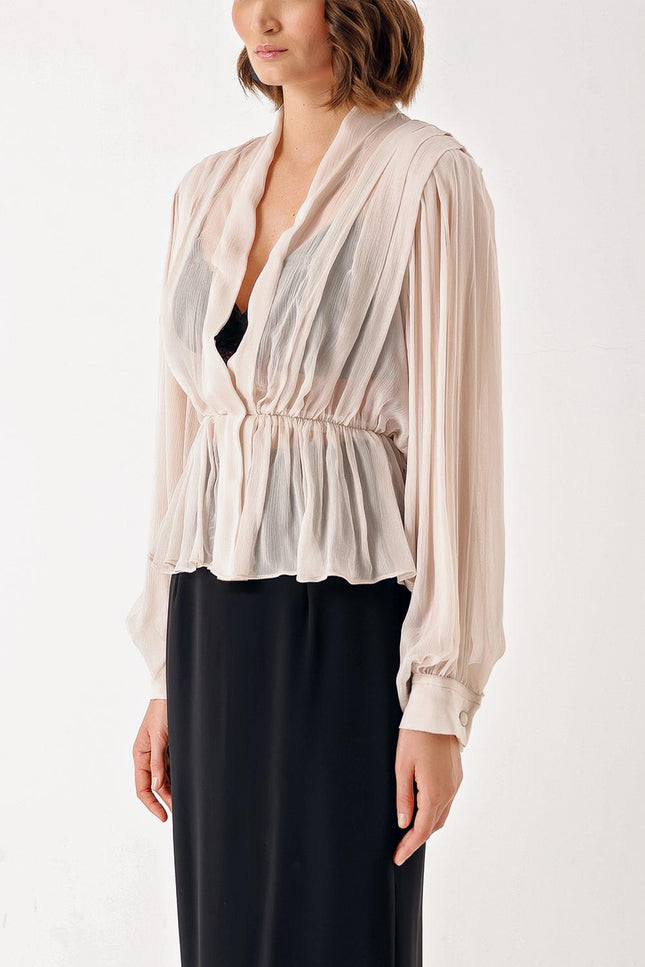 Beige Double-breasted, draped loose chiffon shirt 10829