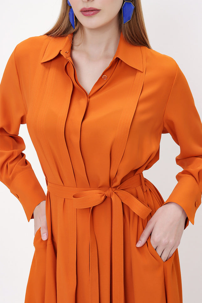 Orange Wide cut pleat detail shirt dress 93828