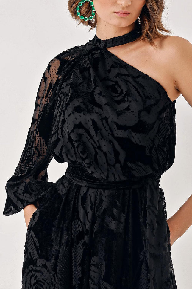 Black One shoulder  elastic waist dress  93810