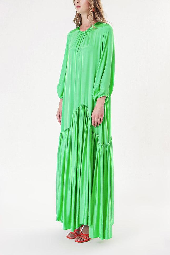 Yeşil Büzgülü Bol Kesim Uzun Elbise 94288