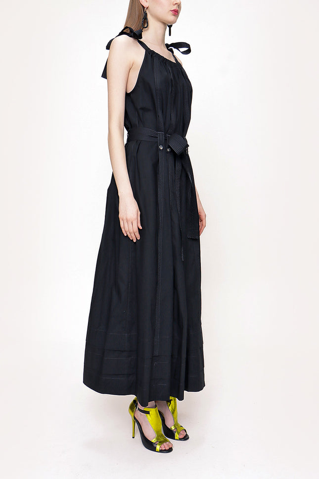 Black Sleeveless lace-up wide cut dress  93542