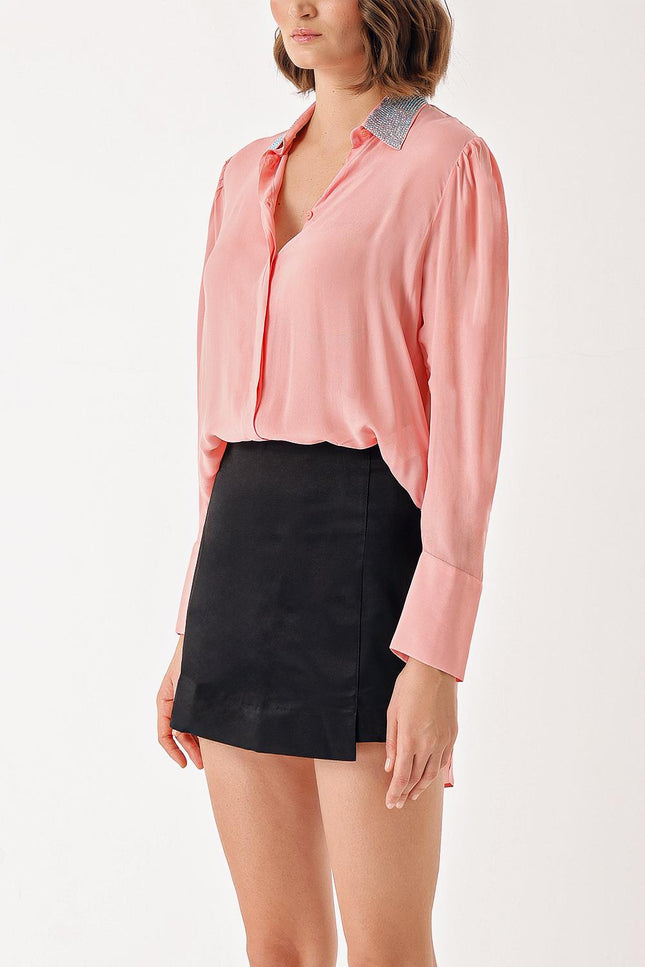 Pink Loose-cut collared shirt with crystal stone detail 10838