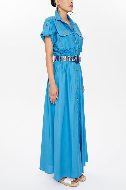 Blue Pocket elastic waist maxi dress 93098