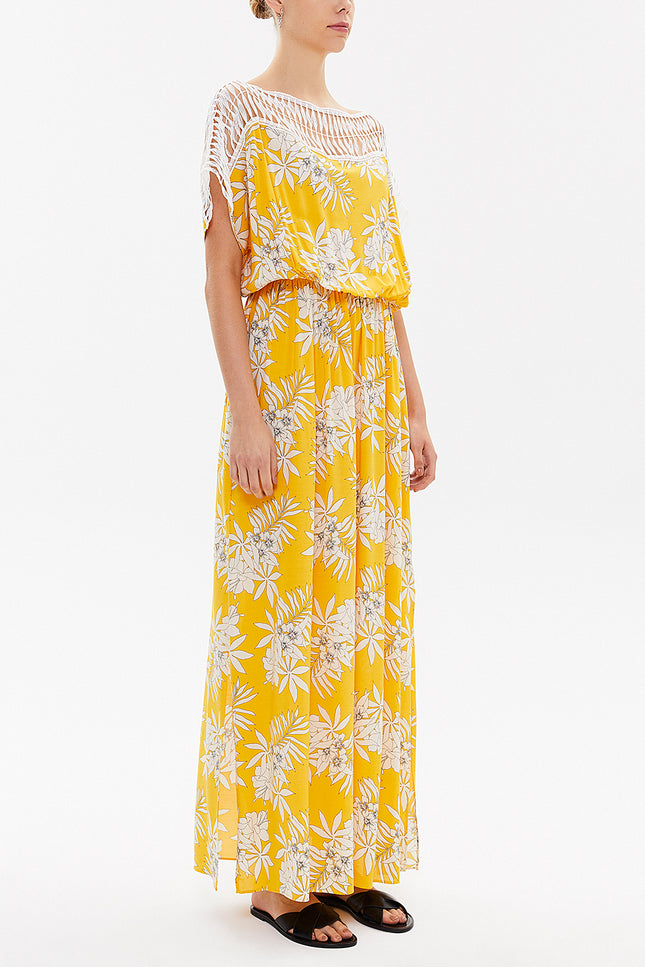 Yellow Lace neck waistband maxi dress 93205