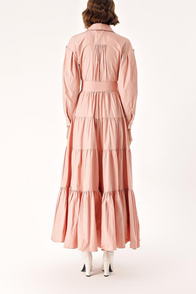 Salmon Long pleated dress with belt 94332