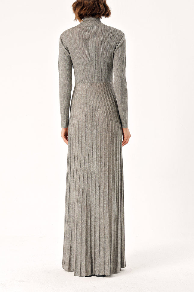 Gray High collar pleated skirt long knitwear dress 28848