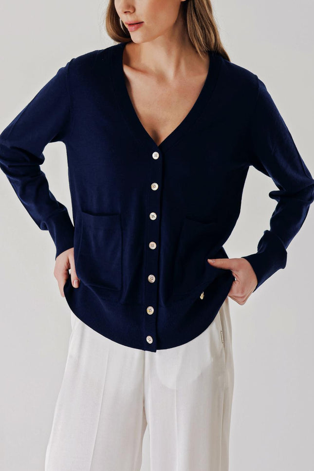 Navy Blue V-neck woolen long knit cardigan 28867