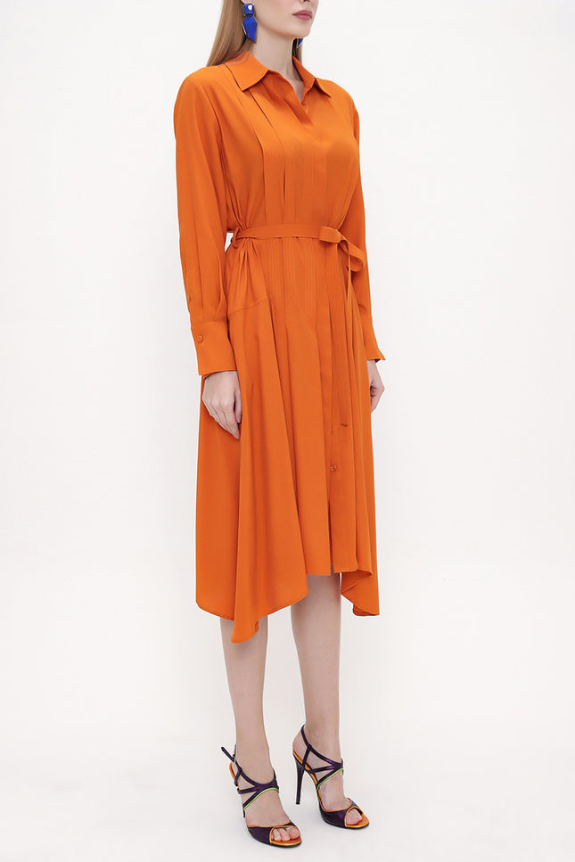 Orange Wide cut pleat detail shirt dress 93828