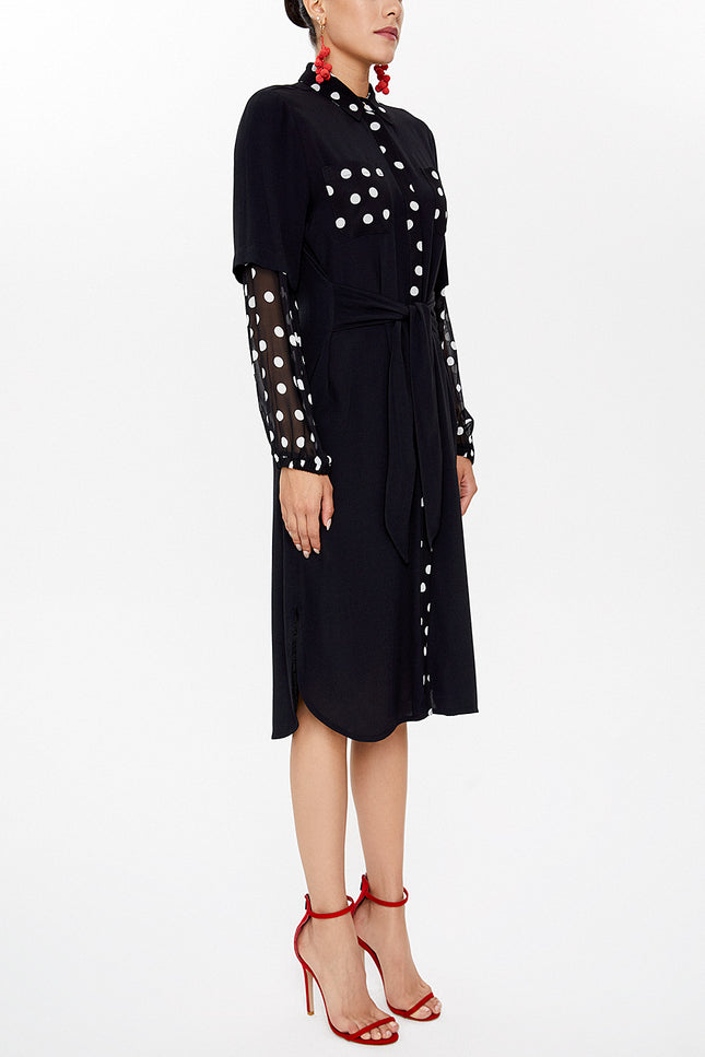 Black Lace-up chiffon sleeve midi dress 92829