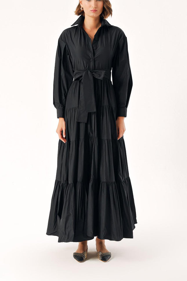 Black Long pleated dress with belt 94332
