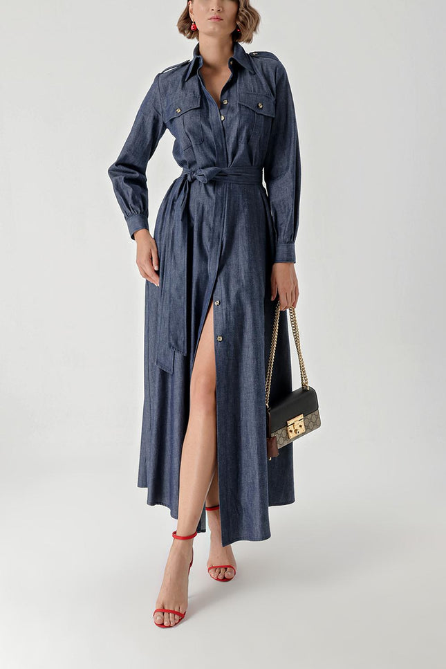 Lacivert Çıt çıt detaylı uzun denim elbise 94270