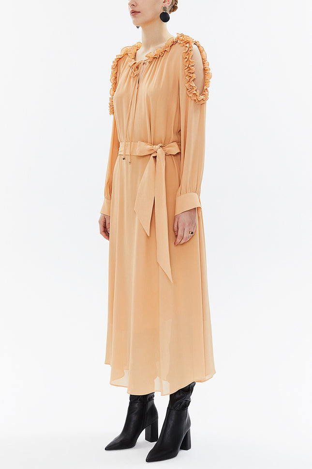 Beige Shoulder revealing ruffled maxi dress 93294