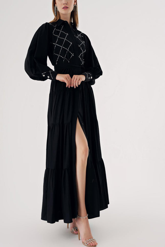 Black Balloon sleeve ruffled crystal stone embellished shirt dress 94546