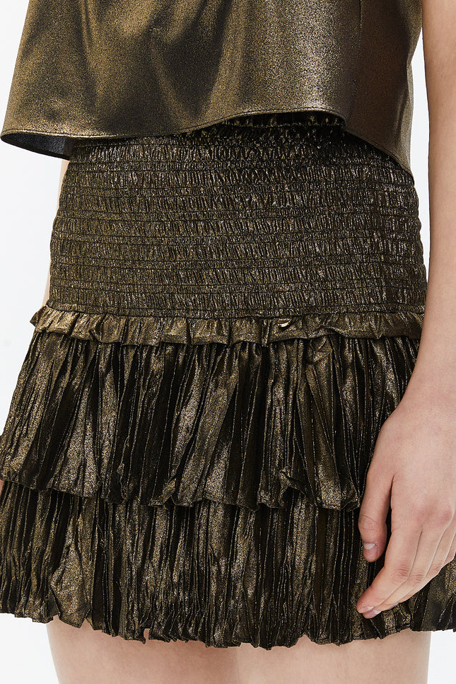 Gold Elastic waist detail ruffled  mini skirt  81156