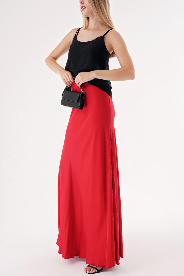 Red Long satin skirt with elastic waist 81298