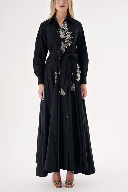 Black Sequin embroidery detail and flounce with long shirt dress 94500