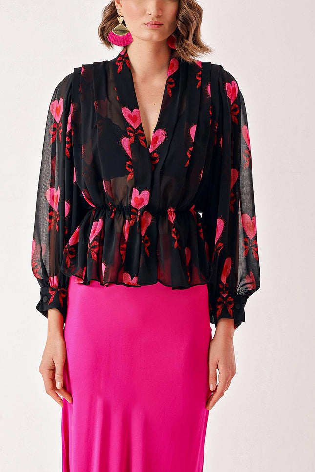 Patterned Double-breasted, draped loose chiffon shirt 10829