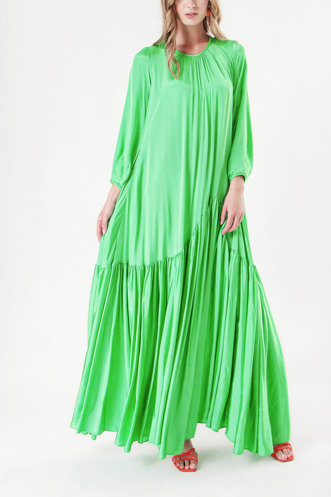 Yeşil Büzgülü Bol Kesim Uzun Elbise 94288