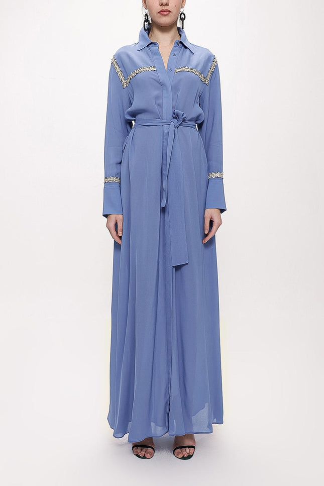 Mavi Şerit Aksesuarlı Kemerli Uzun Gömlek Elbise 94153