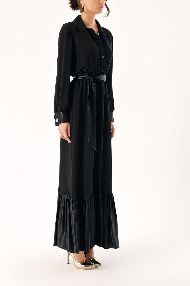 Black Long dress with elasticated gathers at the waist 94289
