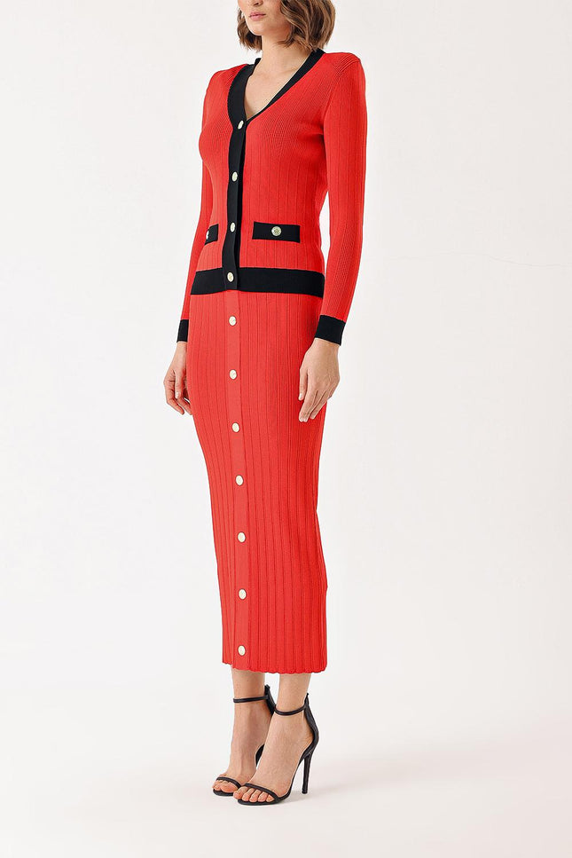 Red Black Button detailed cardigan and skirt suit 28850