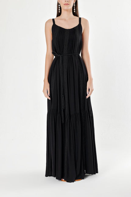 Siyah Kolsuz dantel detaylı vual elbise 93928