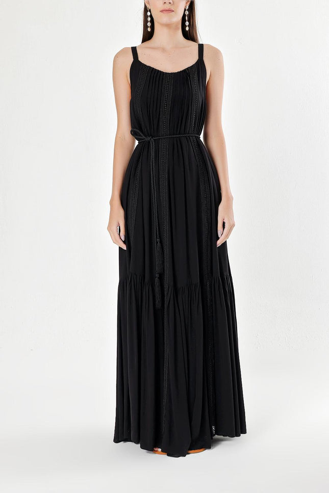 Siyah Kolsuz dantel detaylı vual elbise 93928