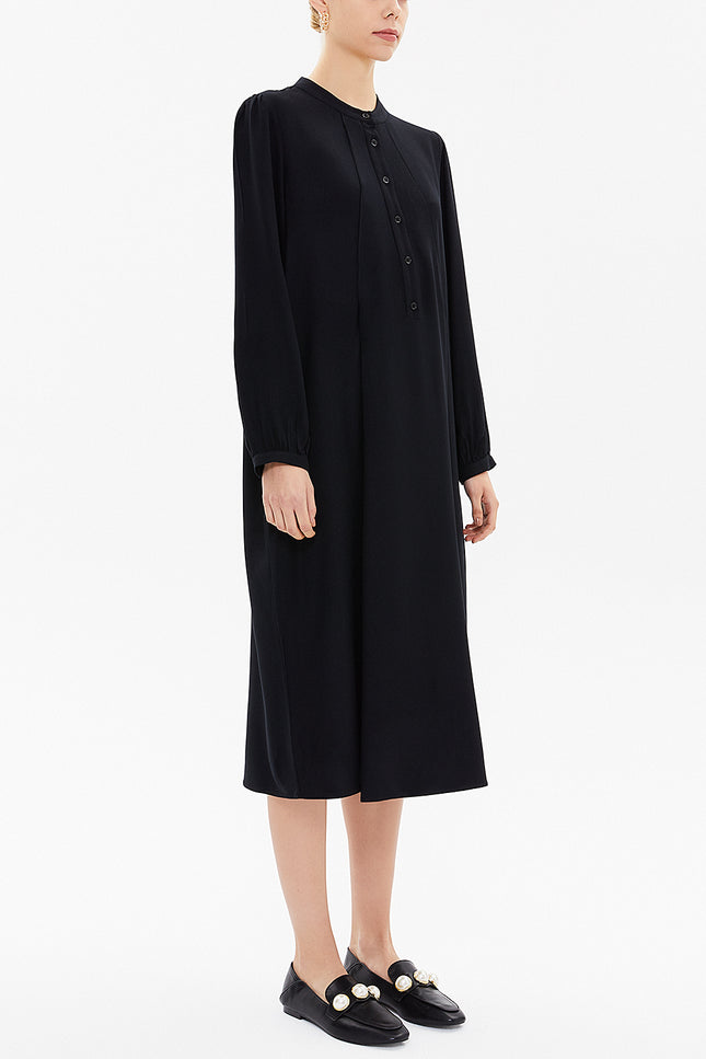 Black High-collar Pleated midi dress 93303