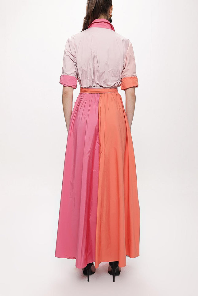 Karışık Renkler Kontrast Kumaş Kombinli Büzgülü Gömlek Elbise 94164