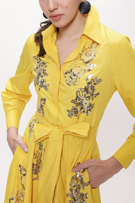 Sarı Payet Nakışlı Uzun Tafta Gömlek Elbise 94159