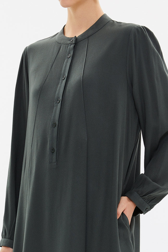 Khaki High-collar Pleated midi dress 93303