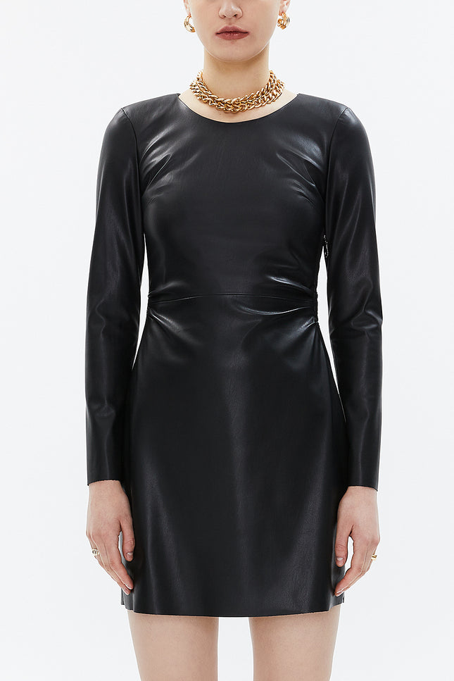Black Leather Pleated side zipped mini dress 93351