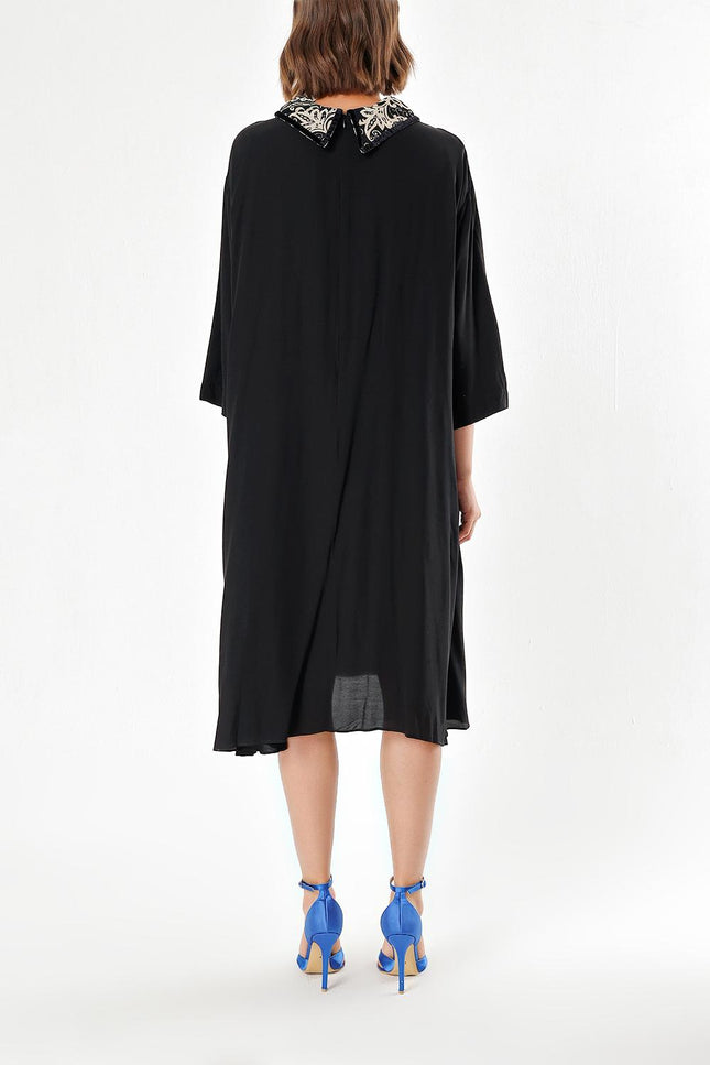 Siyah Bej Dantel detaylı bol kesim elbise 94120