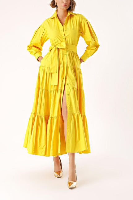 Yellow Long pleated dress with belt 94332