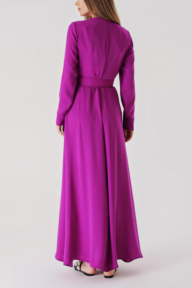 Purple Long belted dress with button detail 94407