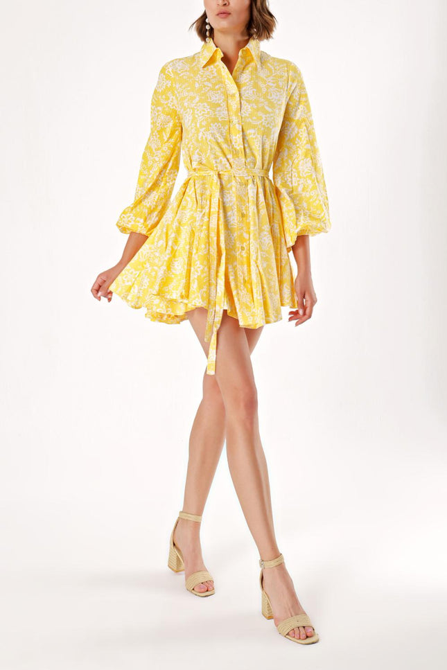 Sarı Eteği valonlu gömlek elbise 94075
