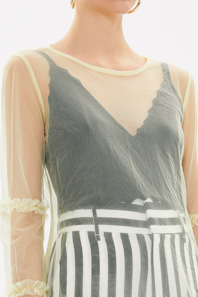 Beige Pleated sleeve tulle blouse  19657
