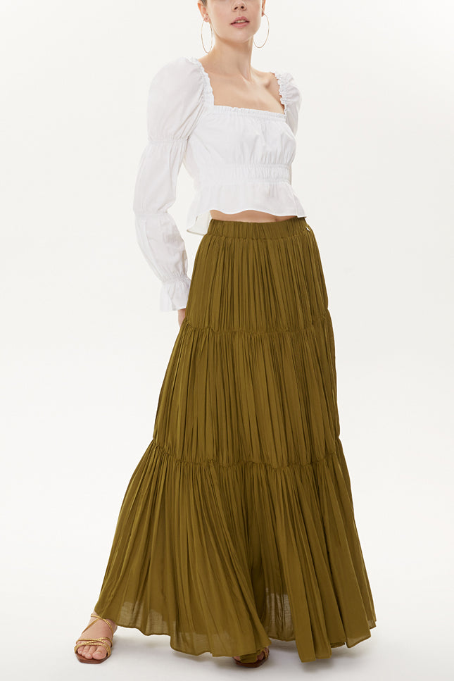 Green Elastic Pleated Maxi Skirt 81154