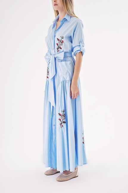 Light Blue Taffeta embroidered maxi shirt dress 94497