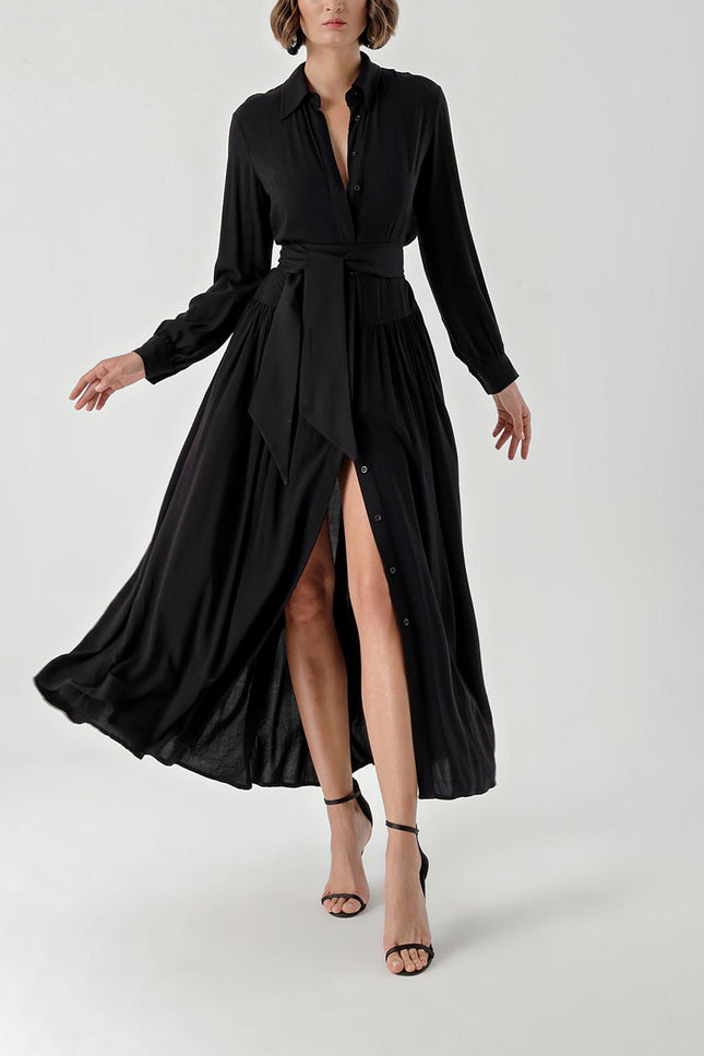 Siyah Büzgülü bol kesim gömlek elbise 94309